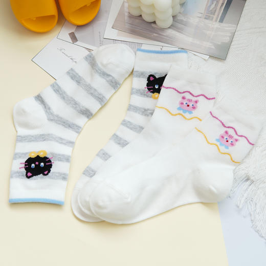 【6双6折】【32-35码】大童卡通可爱棉袜条纹猫咪女宝袜子春夏薄时尚袜【2双装】【2613207】 商品图4