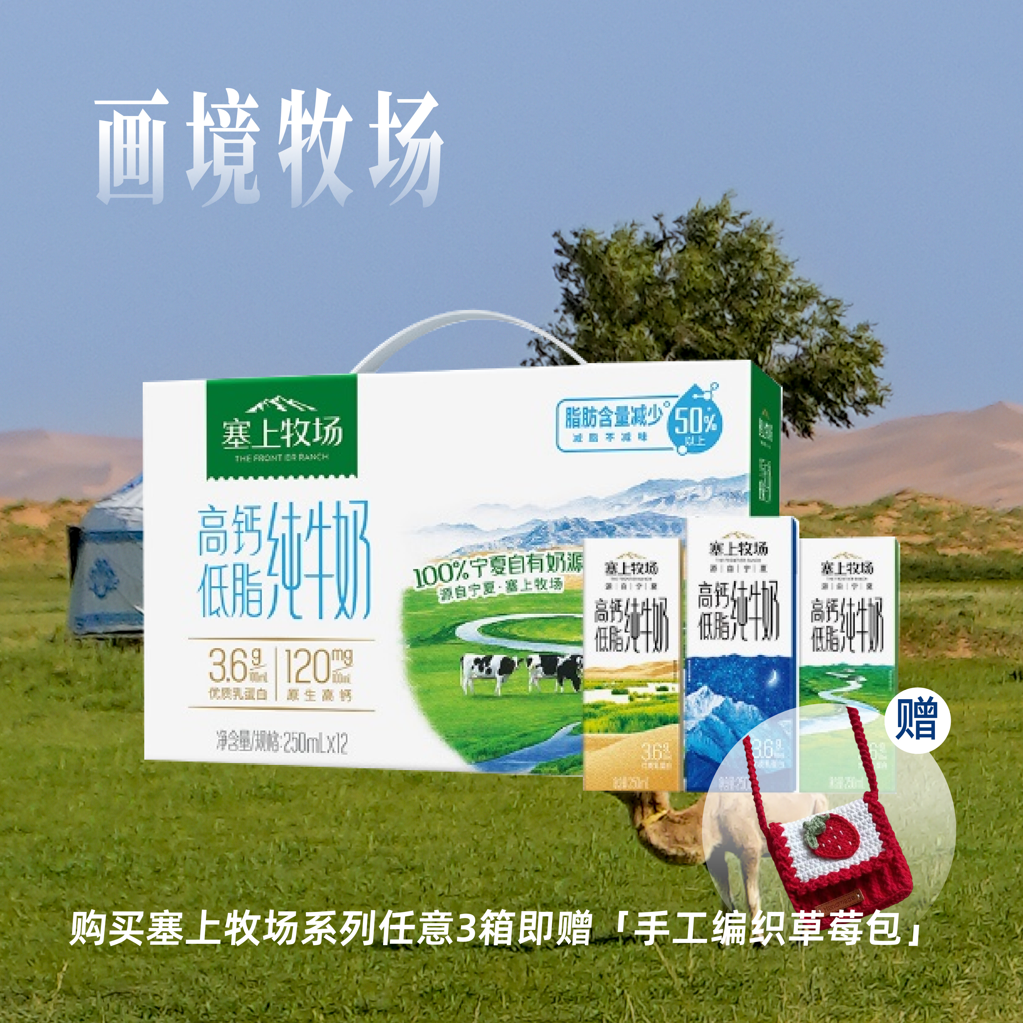 塞上牧场高钙低脂纯牛奶250ml×12盒