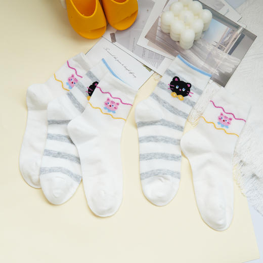 【6双6折】【32-35码】大童卡通可爱棉袜条纹猫咪女宝袜子春夏薄时尚袜【2双装】【2613207】 商品图3