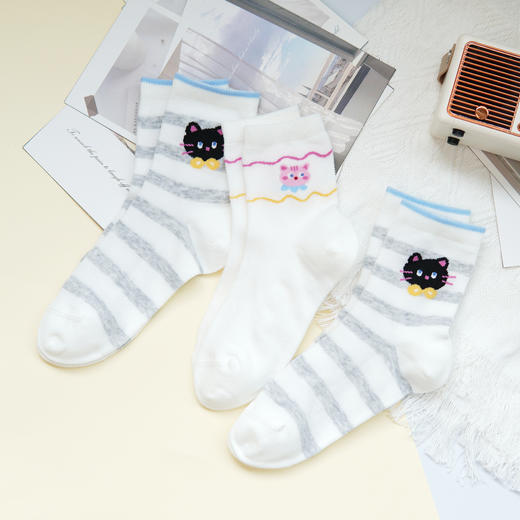【6双6折】【32-35码】大童卡通可爱棉袜条纹猫咪女宝袜子春夏薄时尚袜【2双装】【2613207】 商品图0