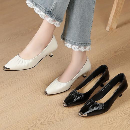 丁摩 头层牛皮中跟鞋女春秋季韩版时尚浅口金属头四季单6ZF-0809 商品图1