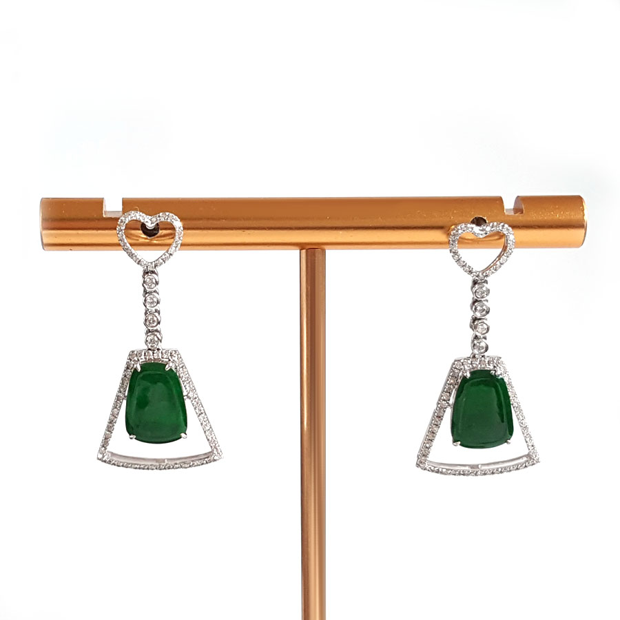 【天然正品】A货翡翠AU750白金镶钻镶天然细腻冰种满绿无事牌造型翡翠耳坠28.2*13.9*13.6MM（皆取最大值）030426XY03