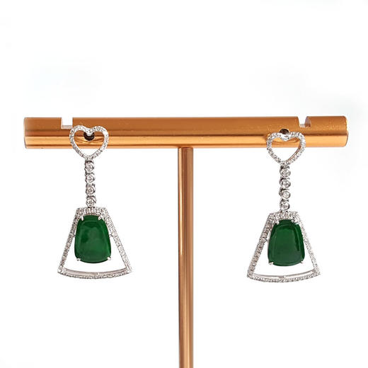 【天然正品】A货翡翠AU750白金镶钻镶天然细腻冰种满绿无事牌造型翡翠耳坠28.2*13.9*13.6MM（皆取最大值）030426XY03 商品图0