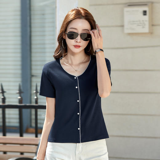 百媚生 棉质短袖T恤女撞色圆领纽扣上衣3329 商品图4