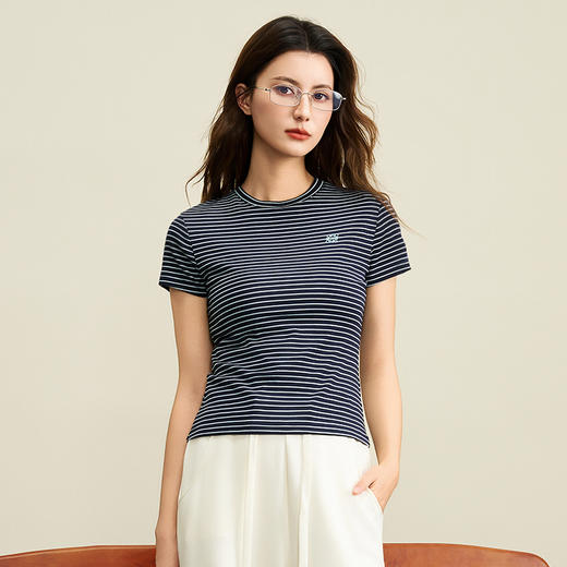 爱帝新品莱赛尔撞色条纹女士修身显瘦短袖T 商品图7