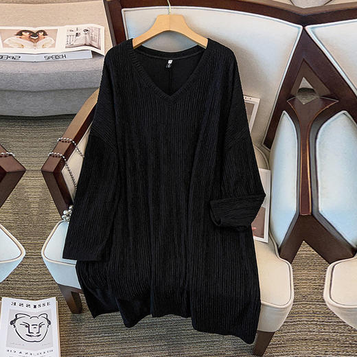 丁摩 韩版春秋季300斤大码宽松纯色V领显瘦皱皱长袖T恤衫上衣女6ZF-5529 商品图0