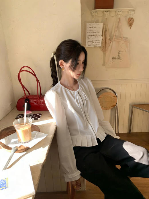 专柜实拍【莱赛尔+麻】拉夏贝尔/La Chapelle圆领系带拉链压褶花边设计长袖上衣百搭甜美风衬衣 商品图9