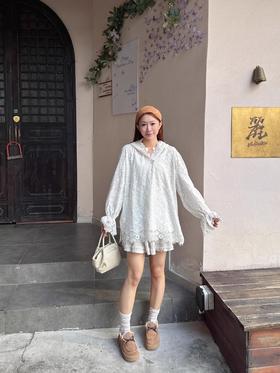 法式高级感刺绣花朵连帽蕾丝打底衫