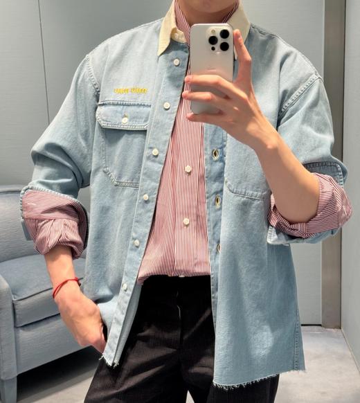 中性款毛边刺绣牛仔衬衫la017 商品图4