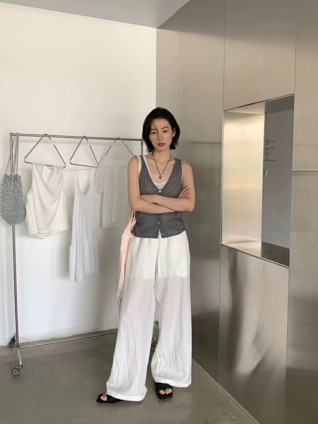 lowcla*ic 松紧腰宽松直筒长裤