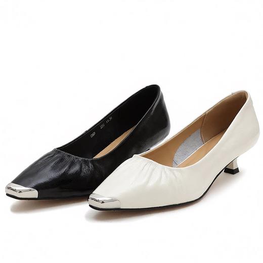 丁摩 头层牛皮中跟鞋女春秋季韩版时尚浅口金属头四季单6ZF-0809 商品图4