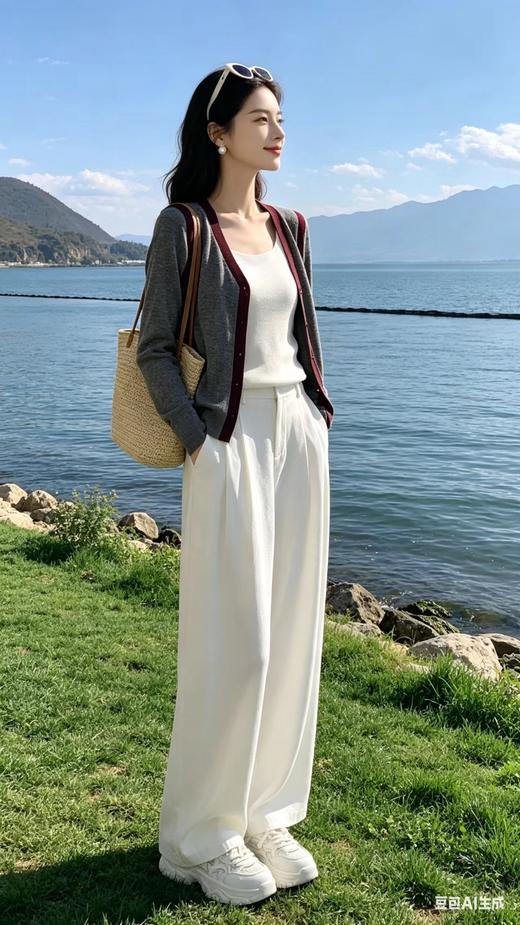 488033镶边露肩撞色款羊毛开衫 红色/灰色，内里可以搭配无袖高领背心，低领背心皆可！ 商品图0