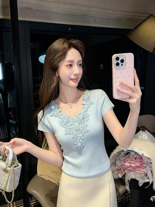 张心子【蕾丝物语】精致蕾丝花边针织衫女修身显瘦夏新款V领上衣 U2604012 商品图8