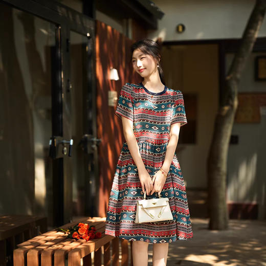 丁摩 100%桑蚕丝民族复古风连衣裙80218（加厚18姆米双绉） 商品图1