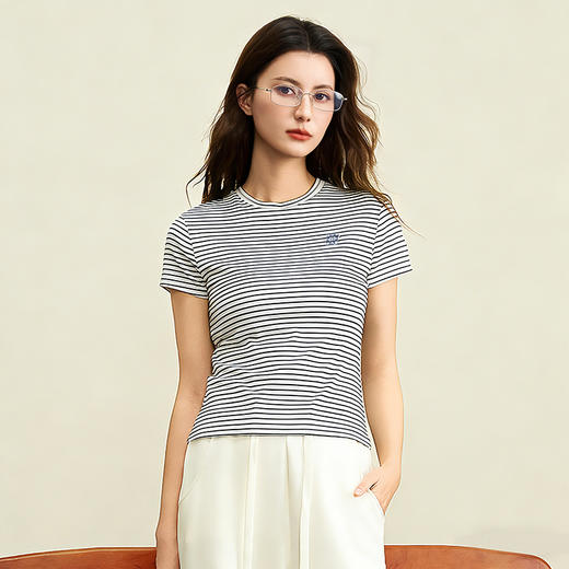爱帝新品莱赛尔撞色条纹女士修身显瘦短袖T 商品图5