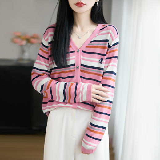 百媚生 粉色v领条纹天丝毛衣针织开衫外套女TN-202-36 商品图3