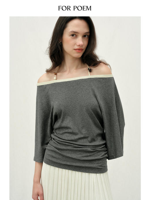 ForPoem 26/SS 原创设计串珠露肩T恤一字肩挂脖休闲慵懒长袖上衣 商品图2