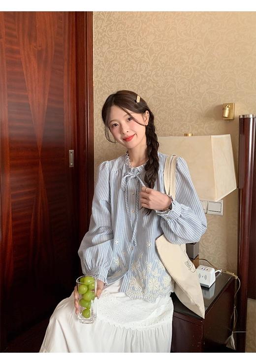 蓝白条纹重工刺绣衬衫 商品图1