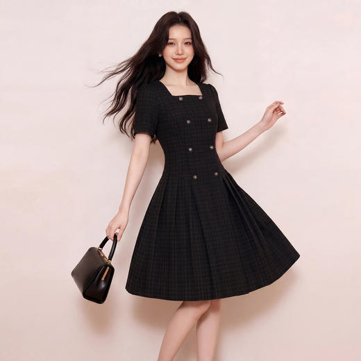 奢姿大码女装2026夏季方领格子双排扣连衣裙胖妹妹遮肉气质短裙3262803827 商品图3
