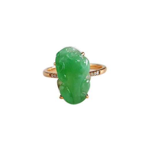 【天然正品】A货翡翠AU750玫瑰金镶钻镶天然细腻糯种满绿瑞兽（招财辟邪）翡翠戒指12号（戒圈可改）030426XY05 商品图0
