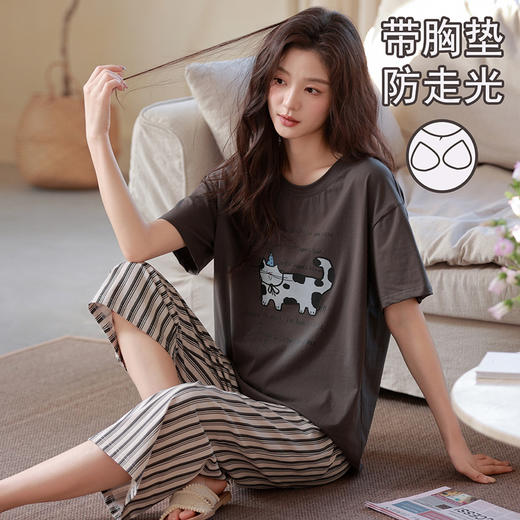雀说 【带胸垫】纯棉睡衣女薄款短袖七分裤两件套 商品图2