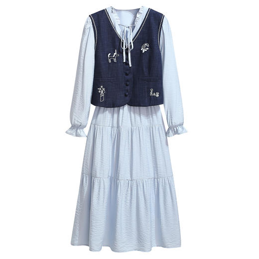 丁摩 套装复古刺绣牛仔马甲配连衣裙女收腰a字春秋装两件套裙装6ZF-A007 商品图4