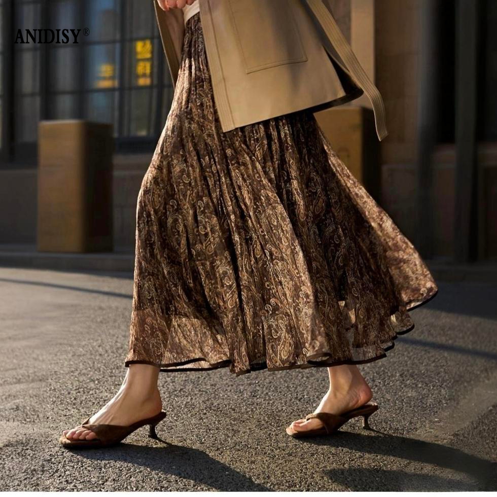 时尚高腰佩斯利花纹压褶大摆半身裙