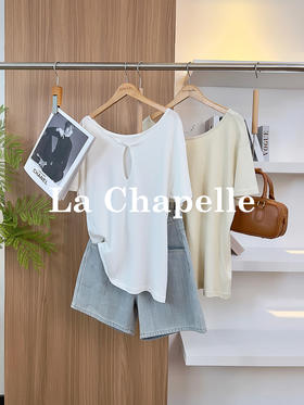 专柜实拍【亚麻+莱赛尔】拉夏贝尔/La Chapelle小心机设计感！宽松显瘦圆领后背镂空扭结四色短袖T恤