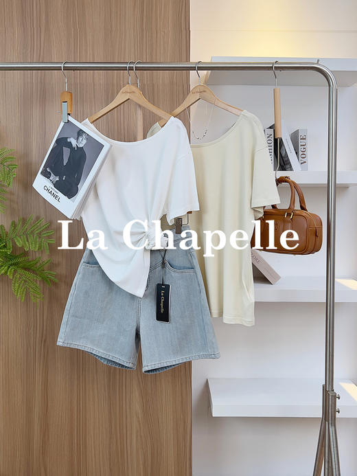 专柜实拍【亚麻+莱赛尔】拉夏贝尔/La Chapelle小心机设计感！宽松显瘦圆领后背镂空扭结四色短袖T恤 商品图1