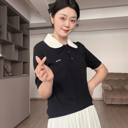 miu家原单~可拆卸娃娃领100%精纺美丽诺羊毛短袖背心女百搭上衣 商品图1