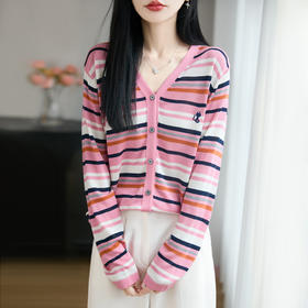百媚生 粉色v领条纹天丝毛衣针织开衫外套女TN-202-36