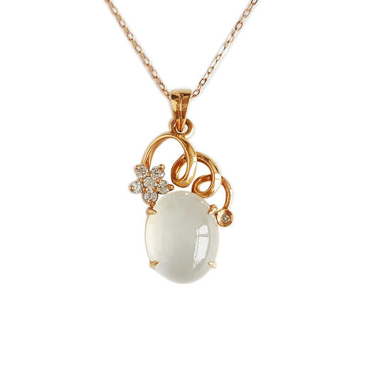 【天然正品】A货翡翠AU750黄金镶钻镶天然细腻白色冰种蛋面翡翠吊坠项链 蛋面：11.0*9.0MM 181125AH43 商品图0