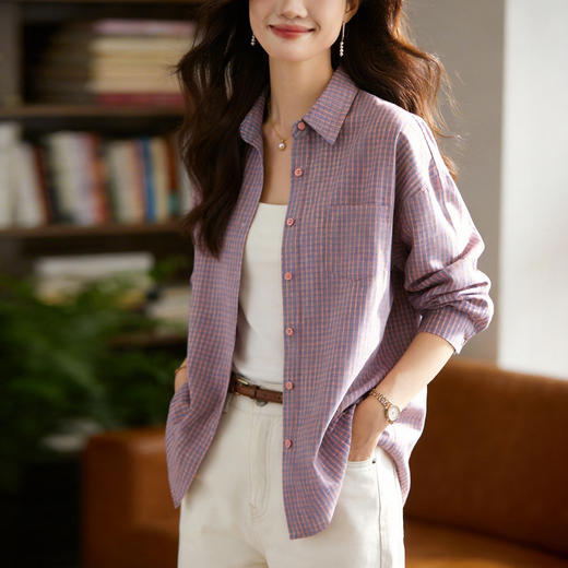百媚生 粉蓝格子衬衫女长袖纯棉衬衫外套62015 商品图2