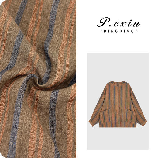 PanYiXiu/潘依绣100%亚麻复古文艺色织条纹圆领长袖衬衫 M9256 商品图0