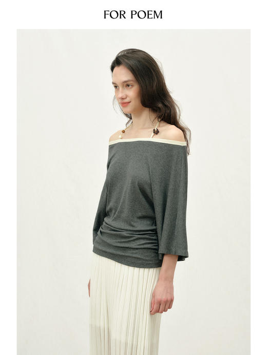 ForPoem 26/SS 原创设计串珠露肩T恤一字肩挂脖休闲慵懒长袖上衣 商品图0