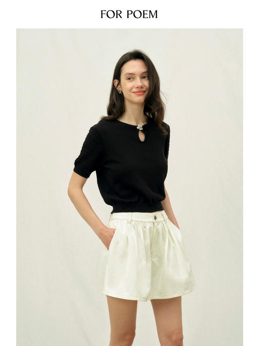 ForPoem 26/SS 原创设计棉麻混纺水滴领花朵针织上衣宽松H型短袖 商品图4