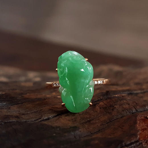 【天然正品】A货翡翠AU750玫瑰金镶钻镶天然细腻糯种满绿瑞兽（招财辟邪）翡翠戒指12号（戒圈可改）030426XY05 商品图4