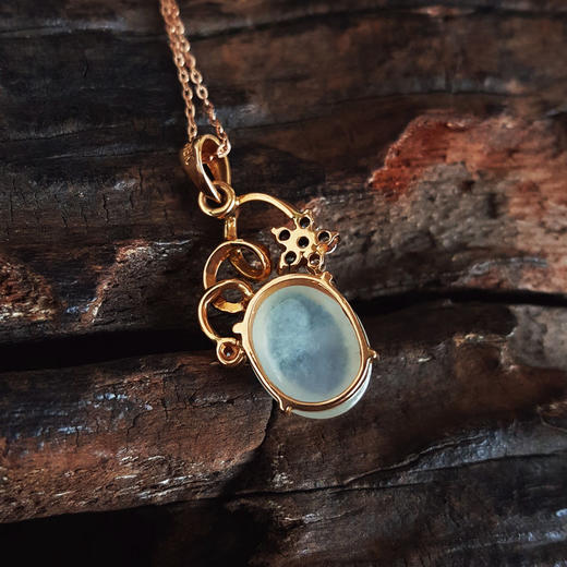 【天然正品】A货翡翠AU750黄金镶钻镶天然细腻白色冰种蛋面翡翠吊坠项链 蛋面：11.0*9.0MM 181125AH43 商品图5