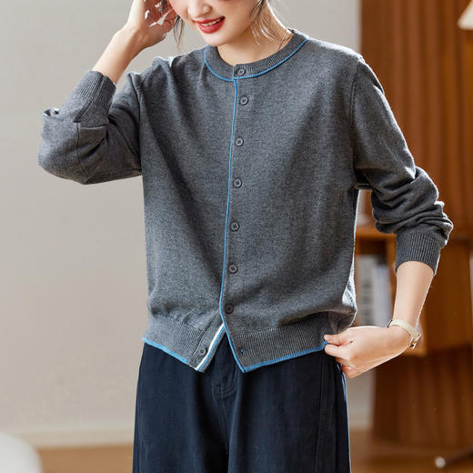 丁摩 羊毛混纺卷边立体撞色针织开衫春装圆领开衫上衣毛衣6ZF-511036 商品图2