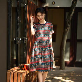 丁摩 100%桑蚕丝民族复古风连衣裙80218（加厚18姆米双绉）