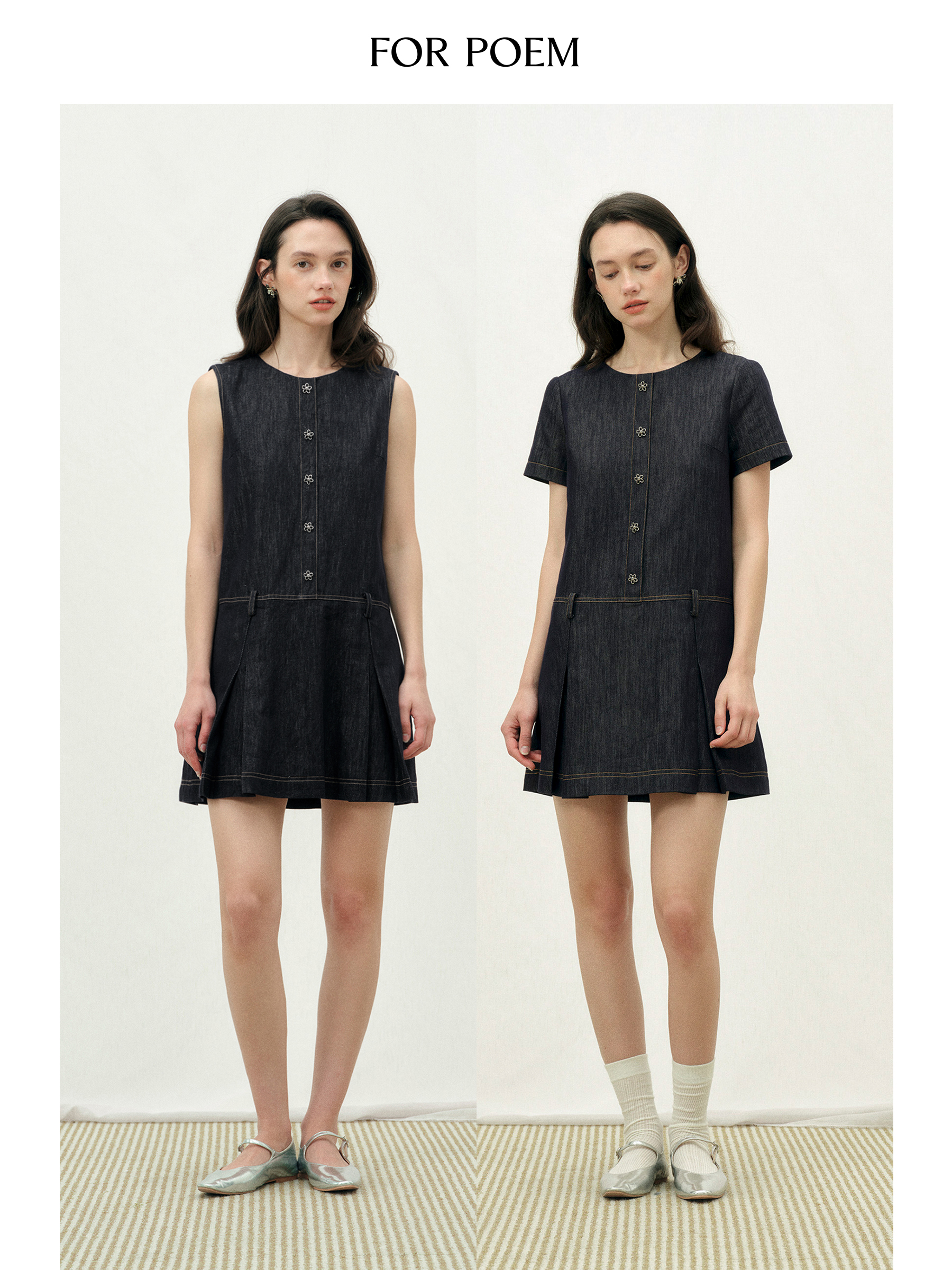 ForPoem 26/SS 原创设计假门襟花朵扣牛仔连衣裙复古宽松a字裙子