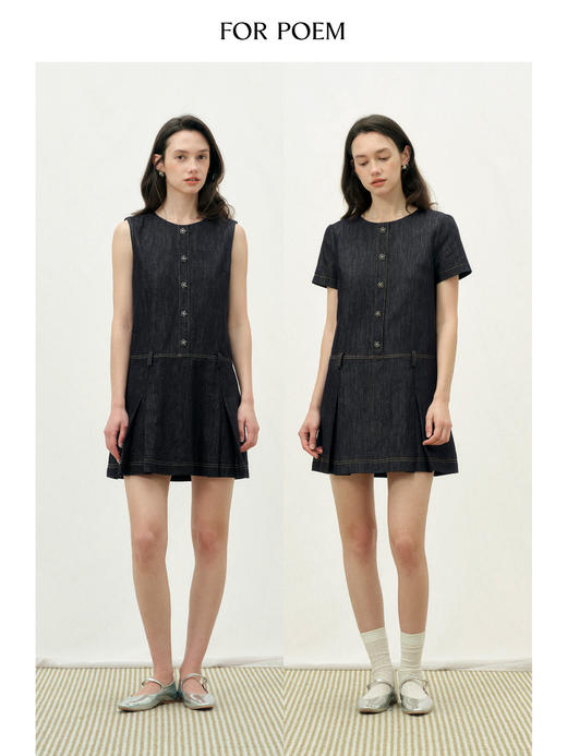 ForPoem 26/SS 原创设计假门襟花朵扣牛仔连衣裙复古宽松a字裙子 商品图0