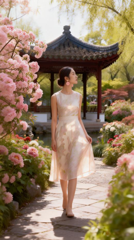 HJ2S62_绿沈色_连衣裙_夏季_气质优雅粉绿花卉提花圆领无袖收腰显瘦 A 字中裙_高级女装_BERNIEELEN 伯妮斯茵 商品图1