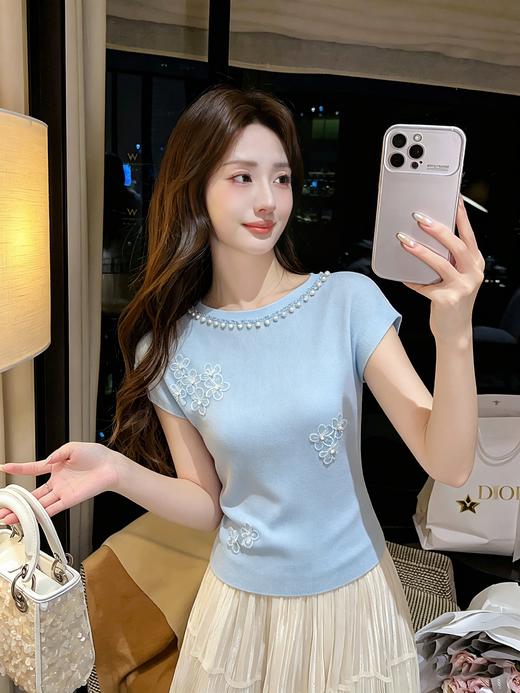 张心子【华丽共谋者】设计感钉珠立体花针织衫女夏新款法式绝美上衣 U2604013 商品图13