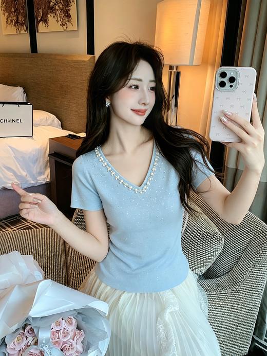 张心子【入夏第一天】独特漂亮钉珠烫钻针织衫女短袖夏新款修身上衣 U2604011 商品图5