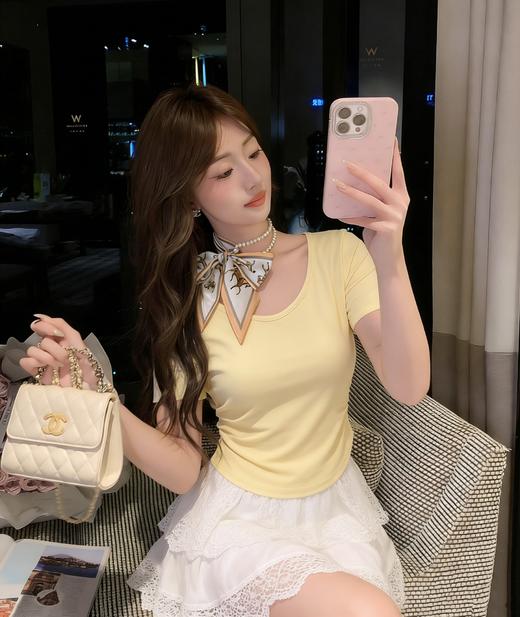 张心子【邂逅优雅】项链围巾领T恤女短袖夏季新款设计感甜美上衣 U2603019 商品图7