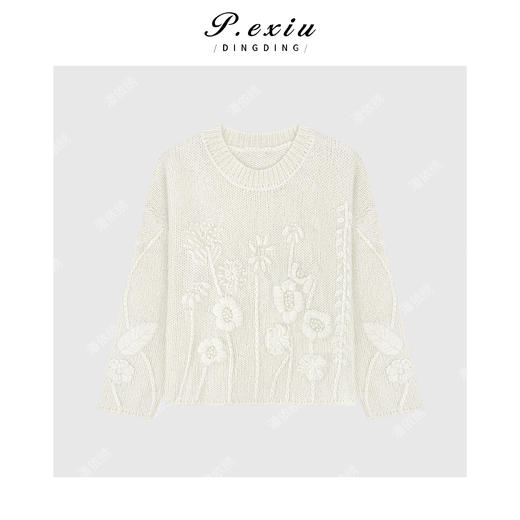 04-2潘依绣丁丁宠粉马海毛羊毛法式优雅立体钩花镂空圆领长袖针织上衣Q19876 商品图0