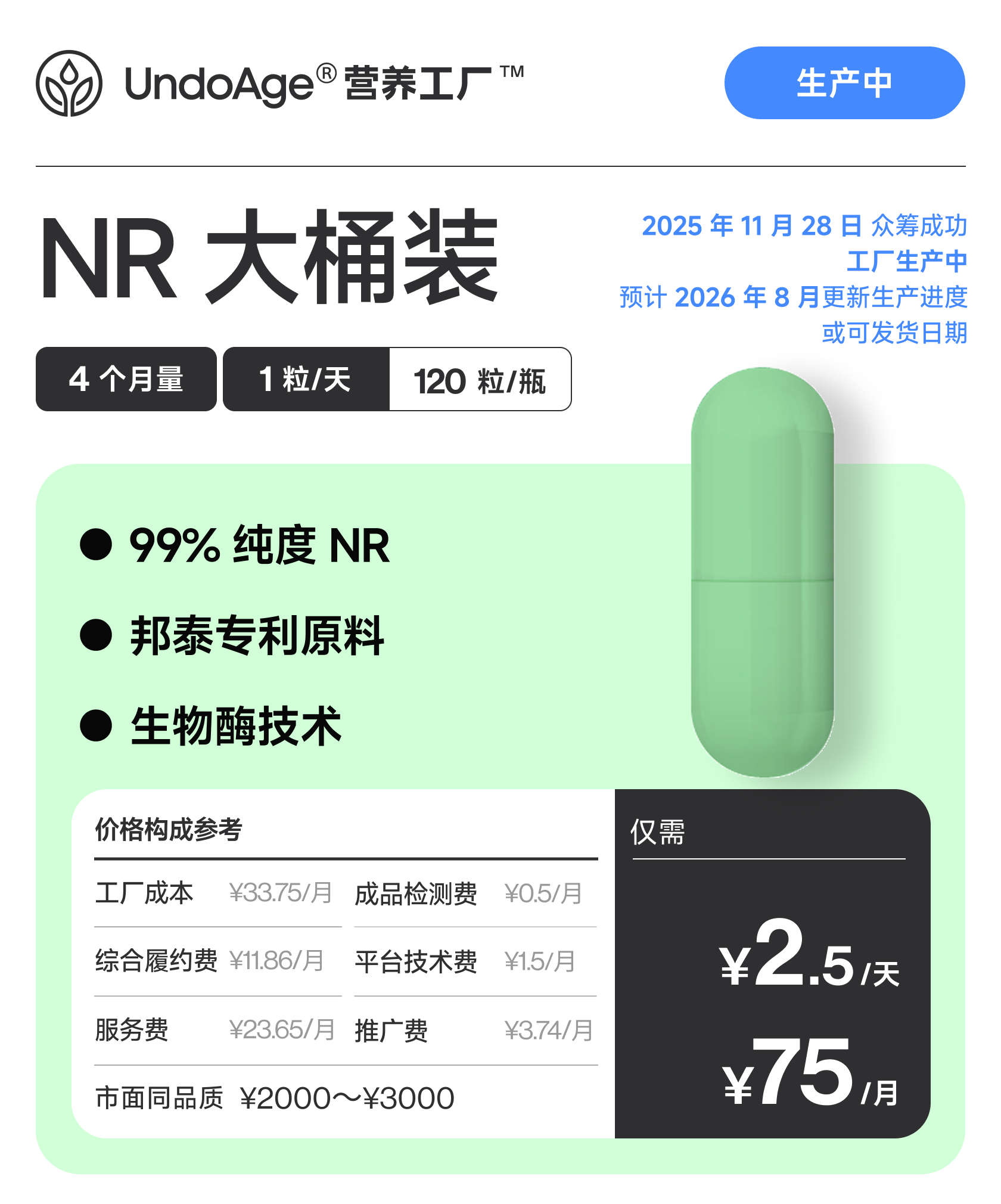 NR 4 个月量大桶装｜邦泰专利原料NR-苹果酸盐 生物酶技术【2025年11月众筹成功，工厂生产中，预计2026年8月更新生产进度】
