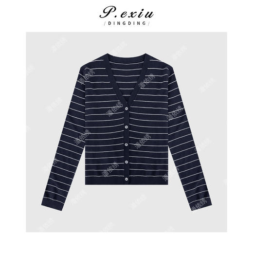 04-2潘依绣丁丁宠粉人丝经典百搭条纹V领针织开衫 ZZ0797 商品图1