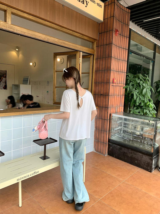 专柜实拍【亚麻+莱赛尔】拉夏贝尔/La Chapelle小心机设计感！宽松显瘦圆领后背镂空扭结四色短袖T恤 商品图9